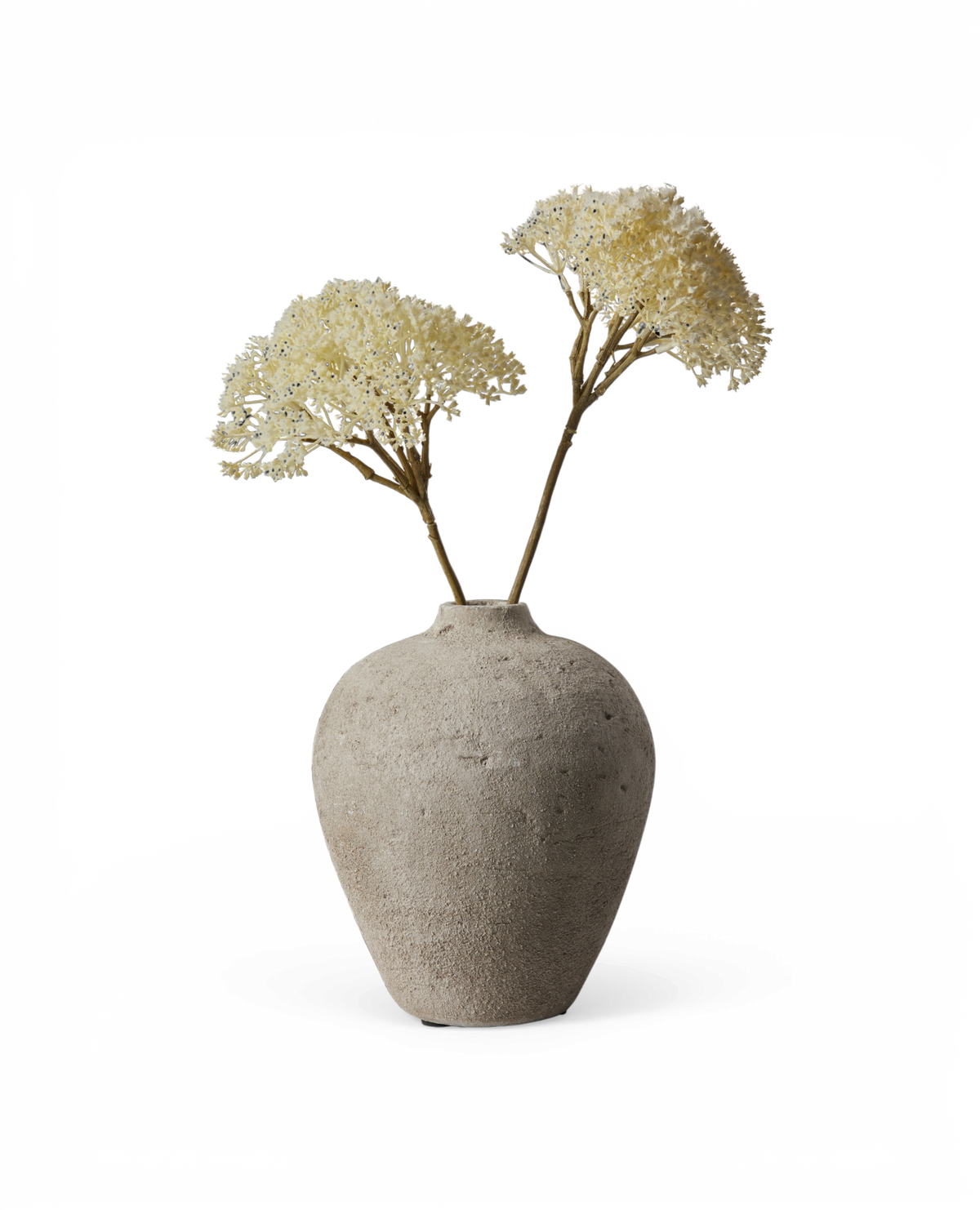 Beige, tekstureret vase med to lyse tørrede blomsterstande.
