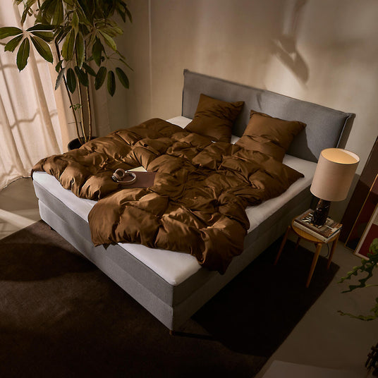 Soveværelse med grå seng, brun dyne og puder, sengebord med lampe, stor plante og varm stemningsbelysning.