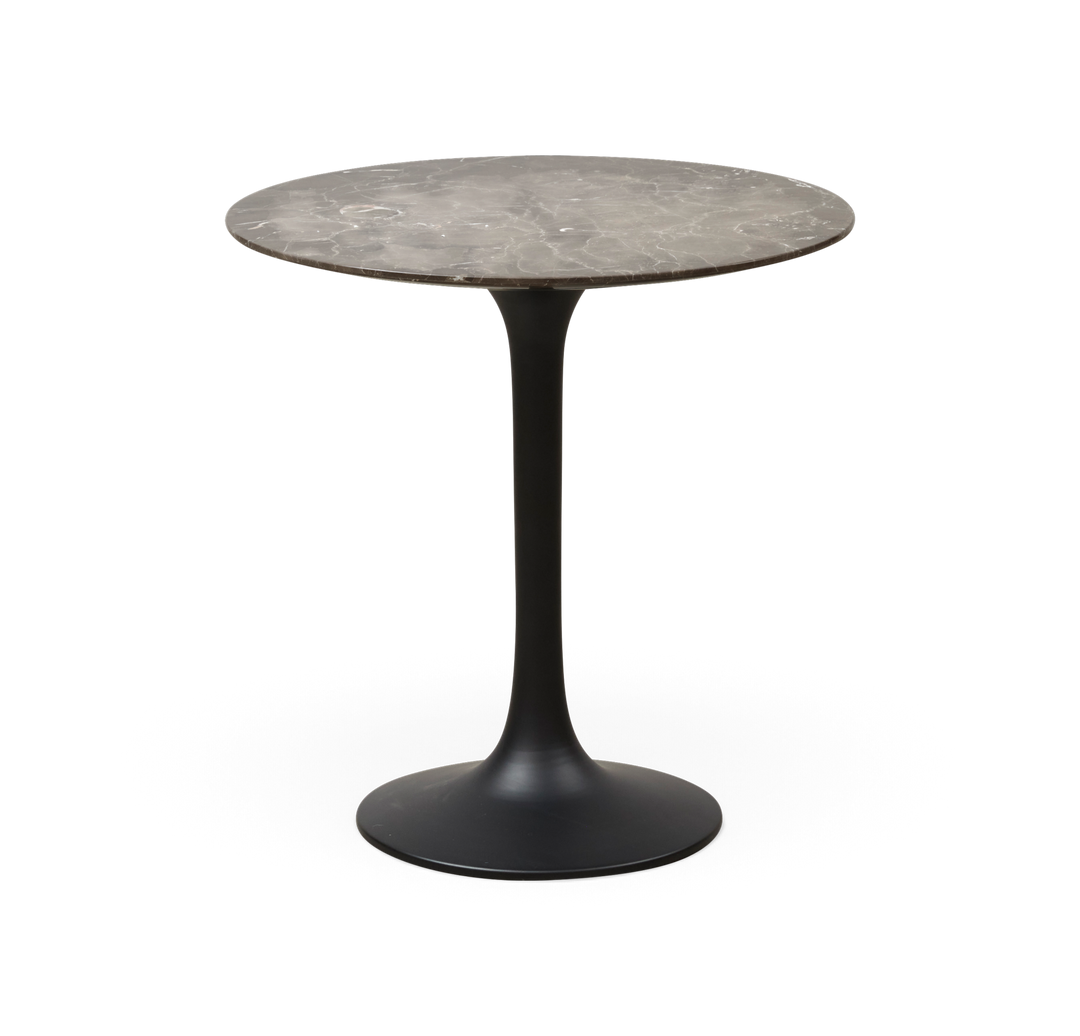 Rundt sidebord med mørk marmorbordplade og sort tulpefod.