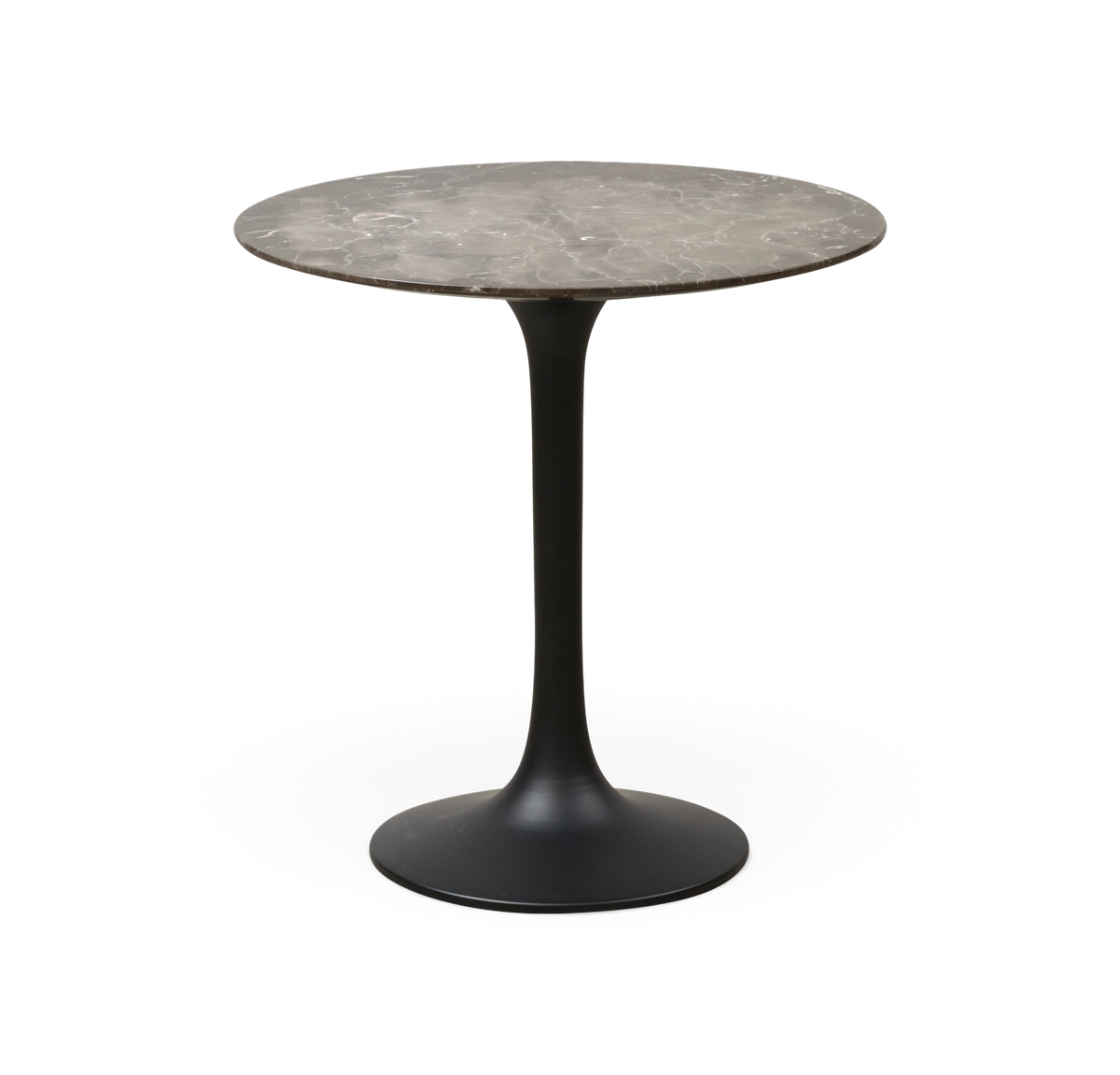 Rundt sidebord med mørk marmorbordplade og sort tulpefod.