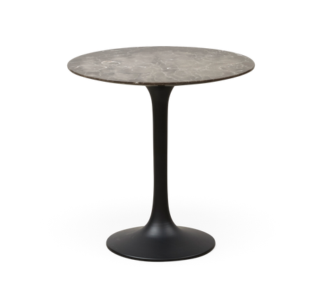 Rundt sidebord med mørk marmorbordplade og sort tulpefod.