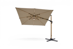 Beige hængeparasol med sidestativ i trælook, krydsfod og integreret LED-lys.