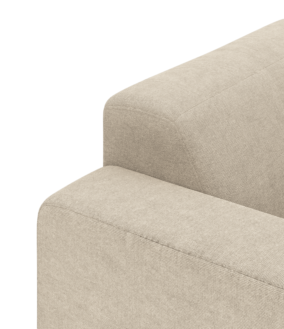 Nærbillede af beige stofsofa med afrundet armlæn og sæde i studio, minimalistisk design.