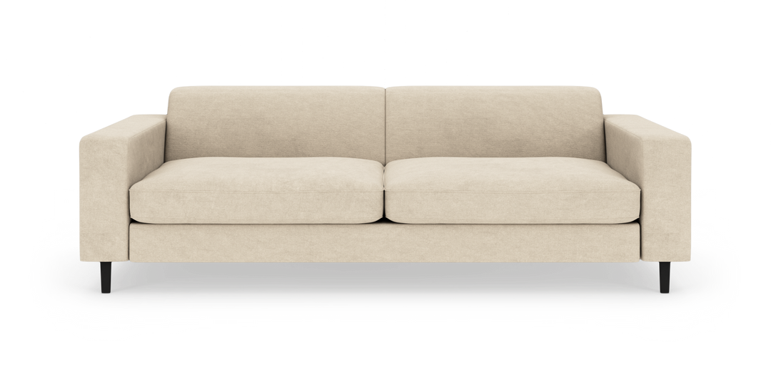 Beige sofa med to siddepuder, lige armlæn og sorte ben, set forfra på hvid baggrund.