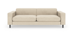Beige sofa med to siddepuder, lige armlæn og sorte ben, set forfra på hvid baggrund.