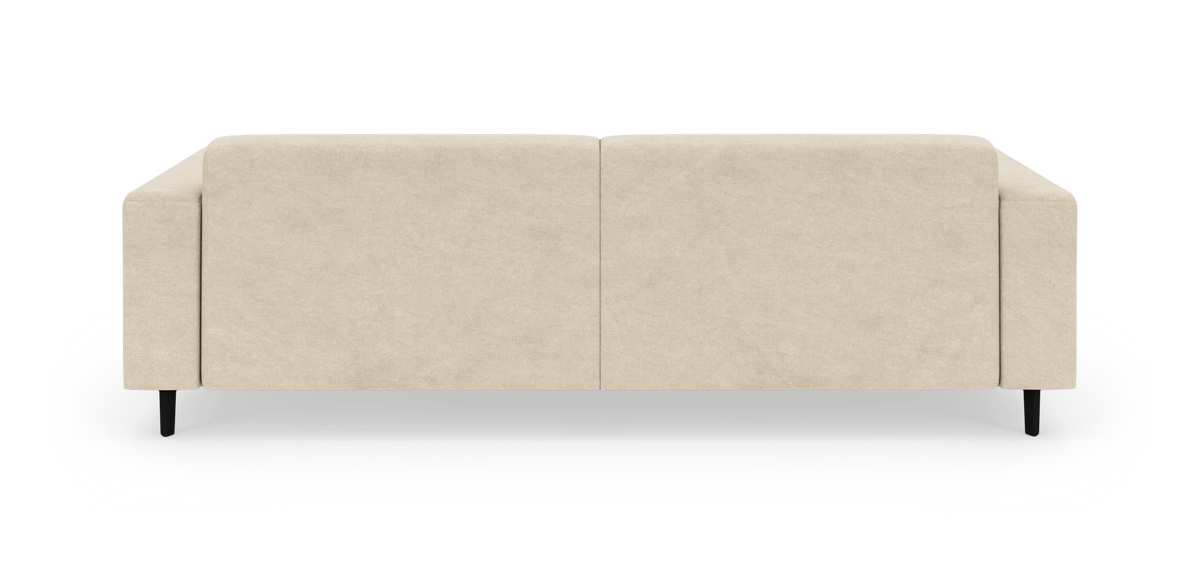 Beige sofa set bagfra på hvid studie-baggrund, stofbetrukket med sorte ben.
