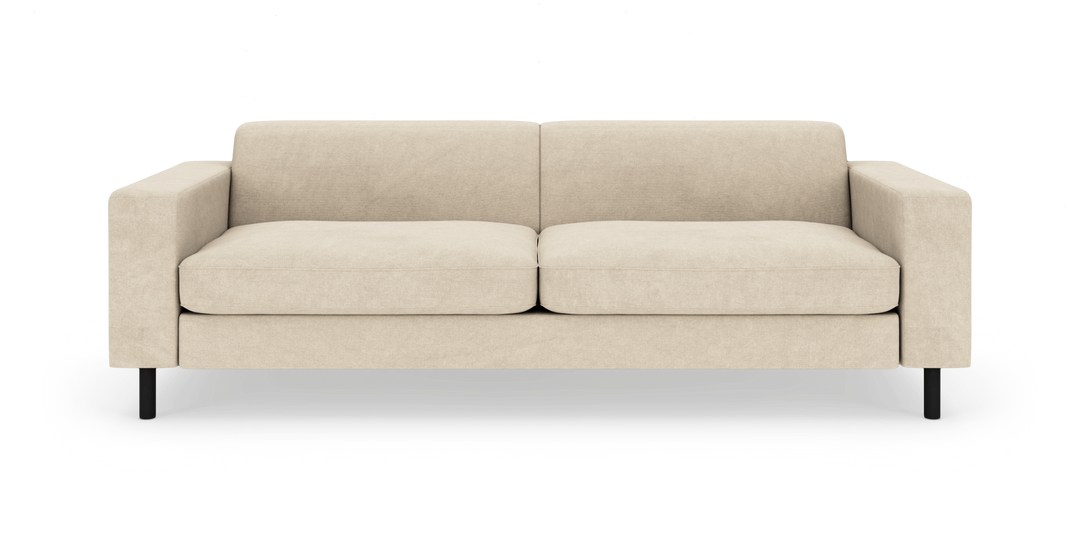 Beige 2-personers sofa med firkantede armlæn og sorte ben, frilagt på hvid baggrund.