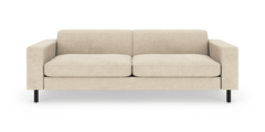 Beige 2-personers sofa med firkantede armlæn og sorte ben, frilagt på hvid baggrund.