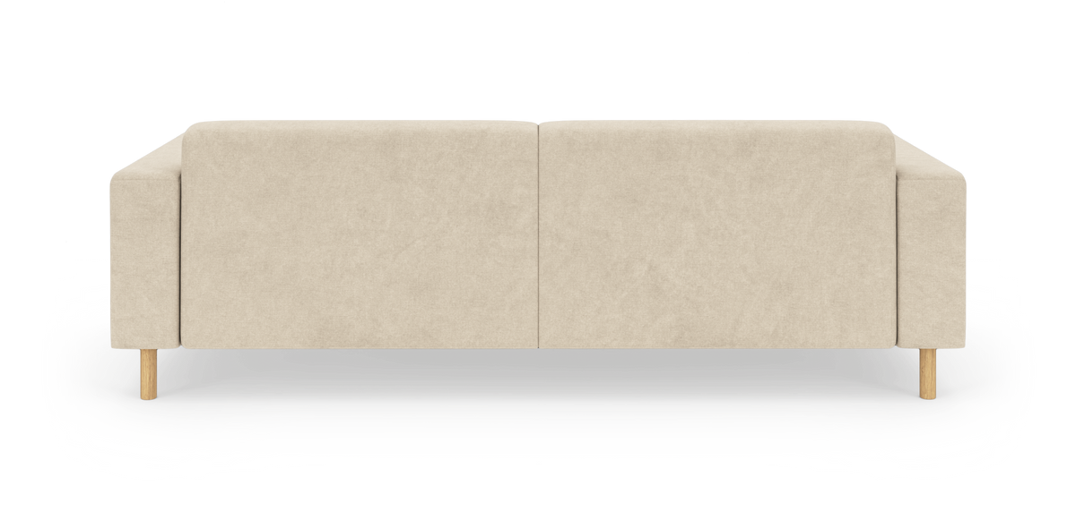 Beige stofsofa set bagfra på hvid baggrund, to ryglænspaneler og træben.