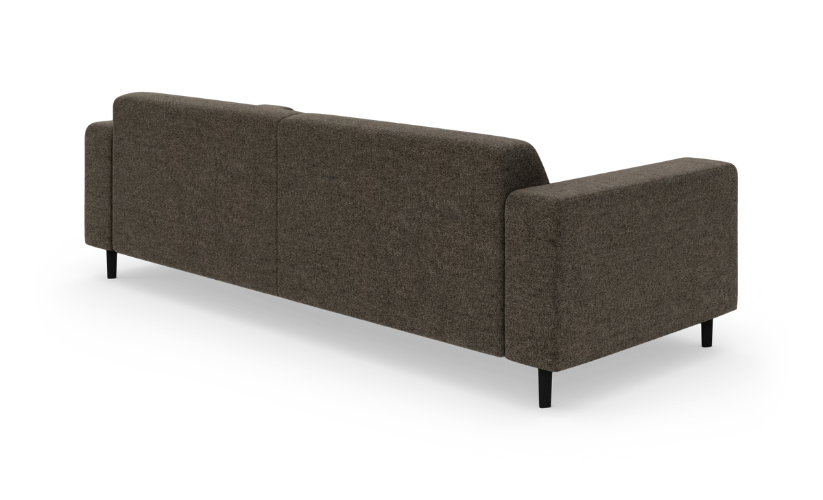 Mørkebrun/grå tresædet sofa set bagfra med sorte ben, frilagt på studiebaggrund.