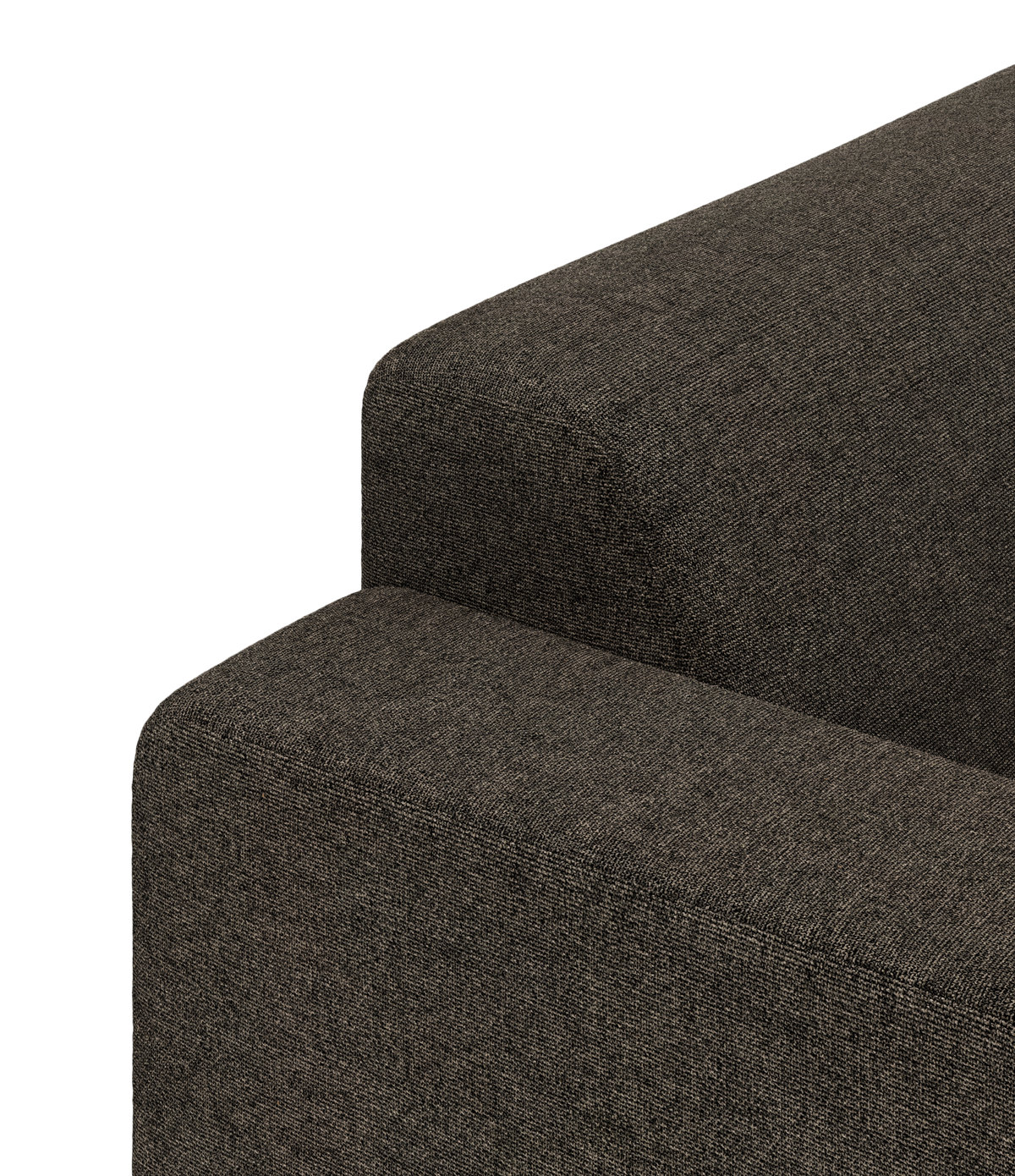 Nærbillede af armlæn og ryglæn på en mørkegrå stofsofa i enkelt, modern design.