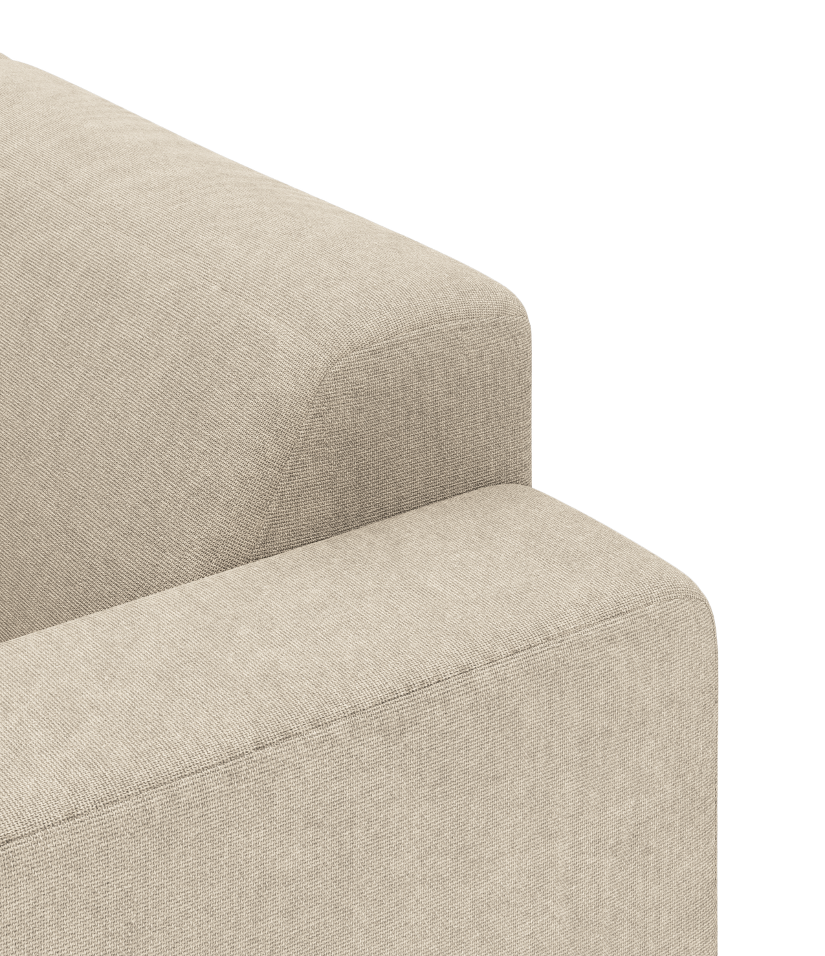 Detalje af beige stofsofa med afrundet ryglæn og bredt armlæn, tæt beskåret produktbillede.