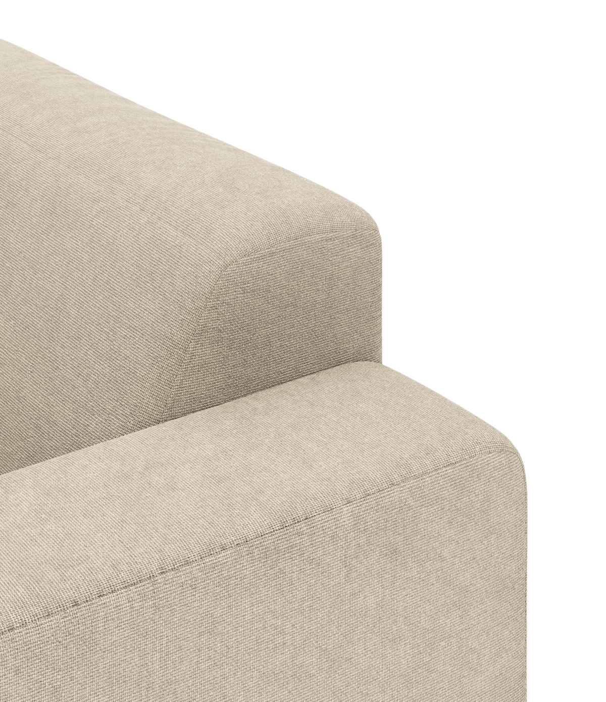 Nærbillede af en beige stofsofa med afrundede kanter, der viser armlæn og ryglæn i tekstureret væv.