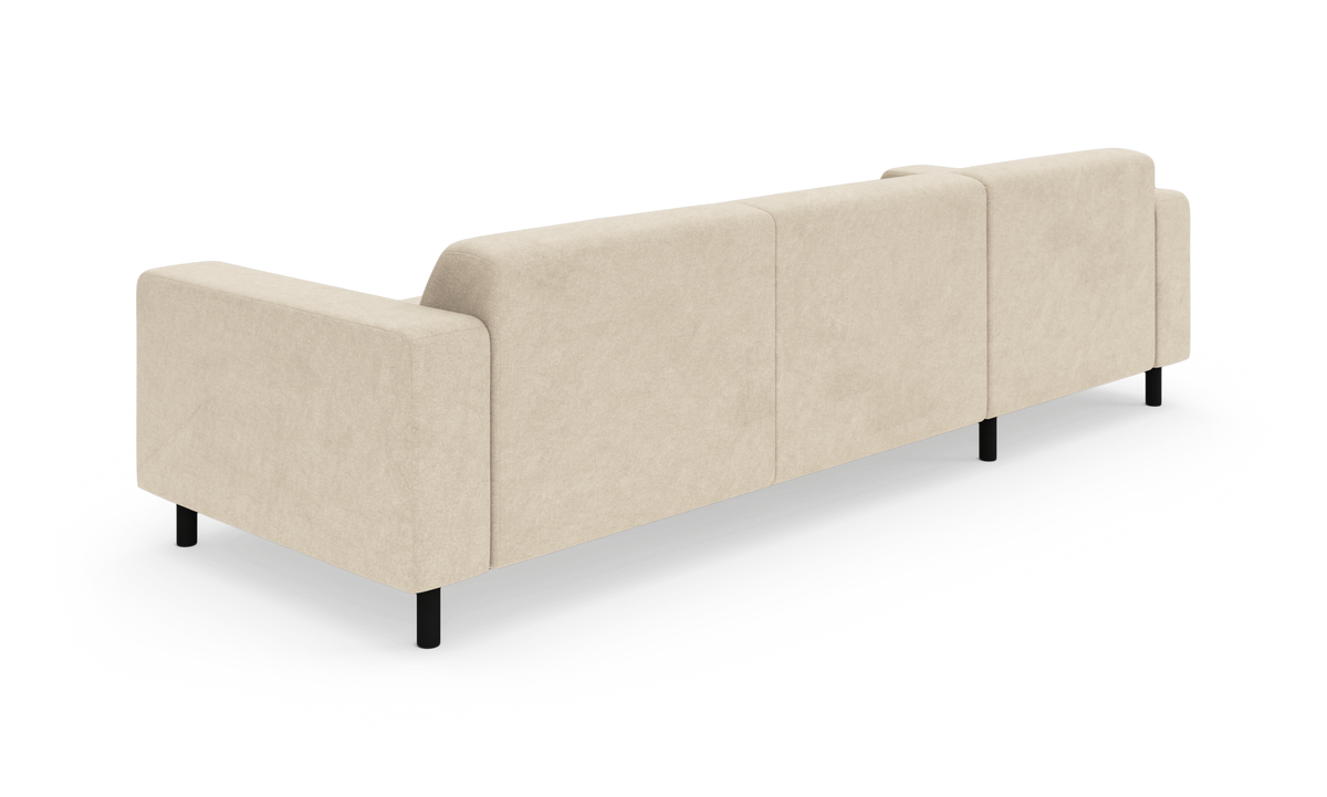 Beige modulsofa set bagfra med sorte ben, ren studievisning.