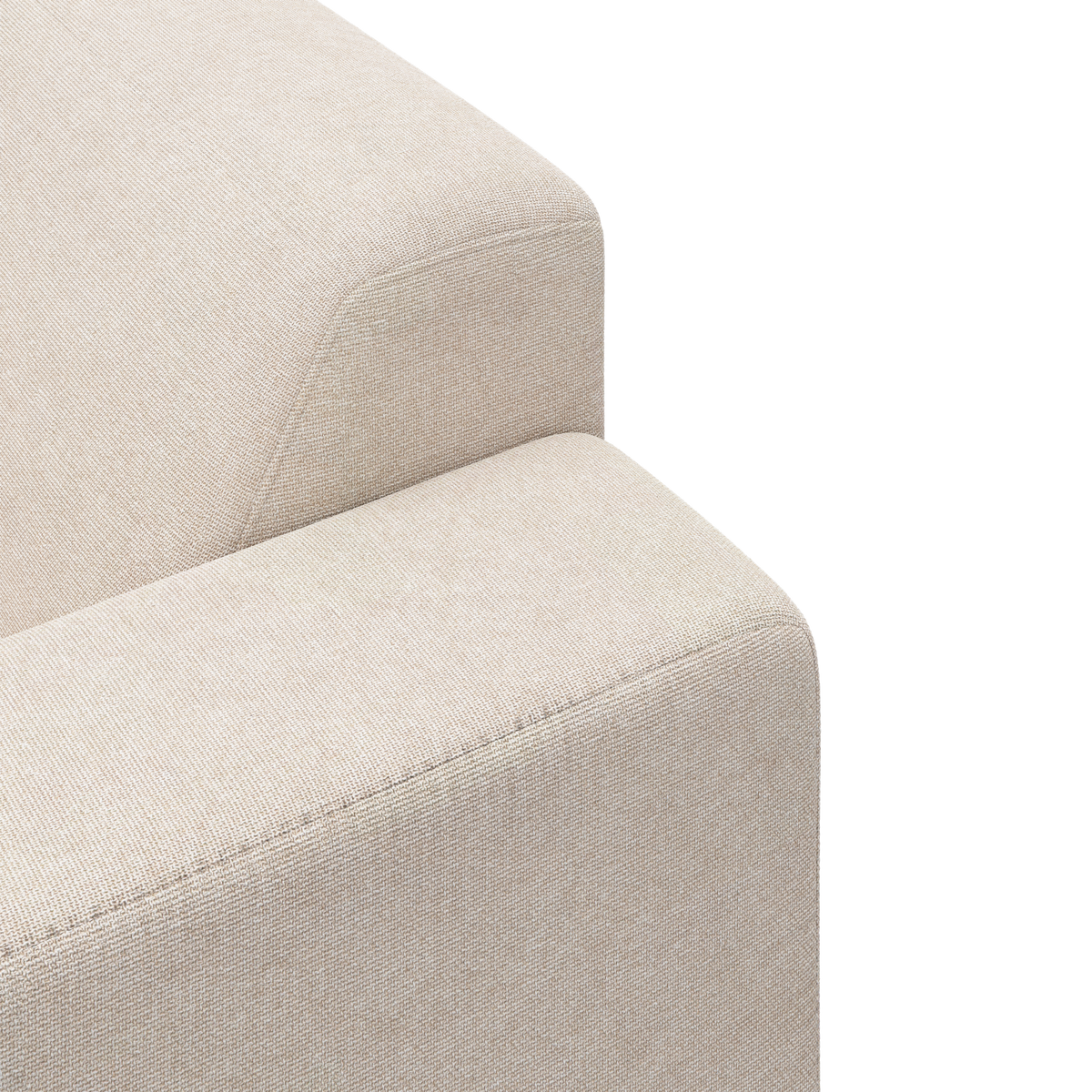 Nærbillede af en beige stofsofa – armlæn og ryglæn med afrundede kanter.