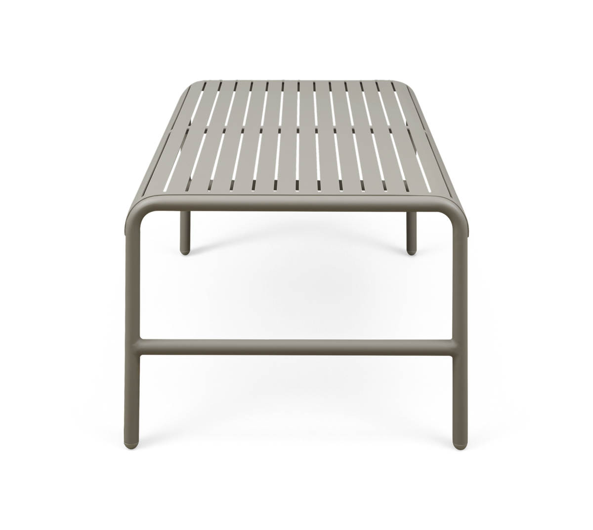 Rektangulært lysegråt metalbord med lamel-top, frontvisning på neutral baggrund.