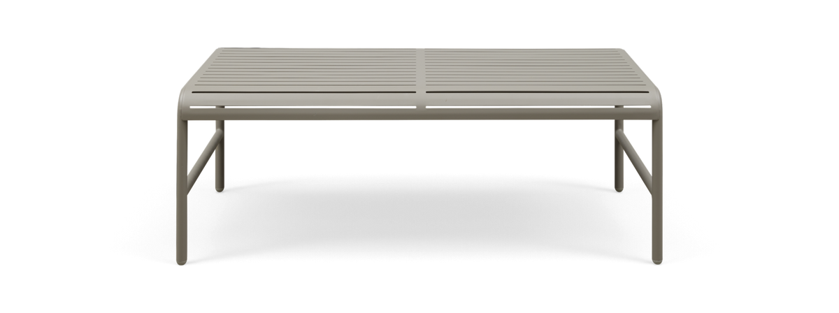 Rektangulær metalbænk/sofabord med lameltop i lys beige, frontvisning.