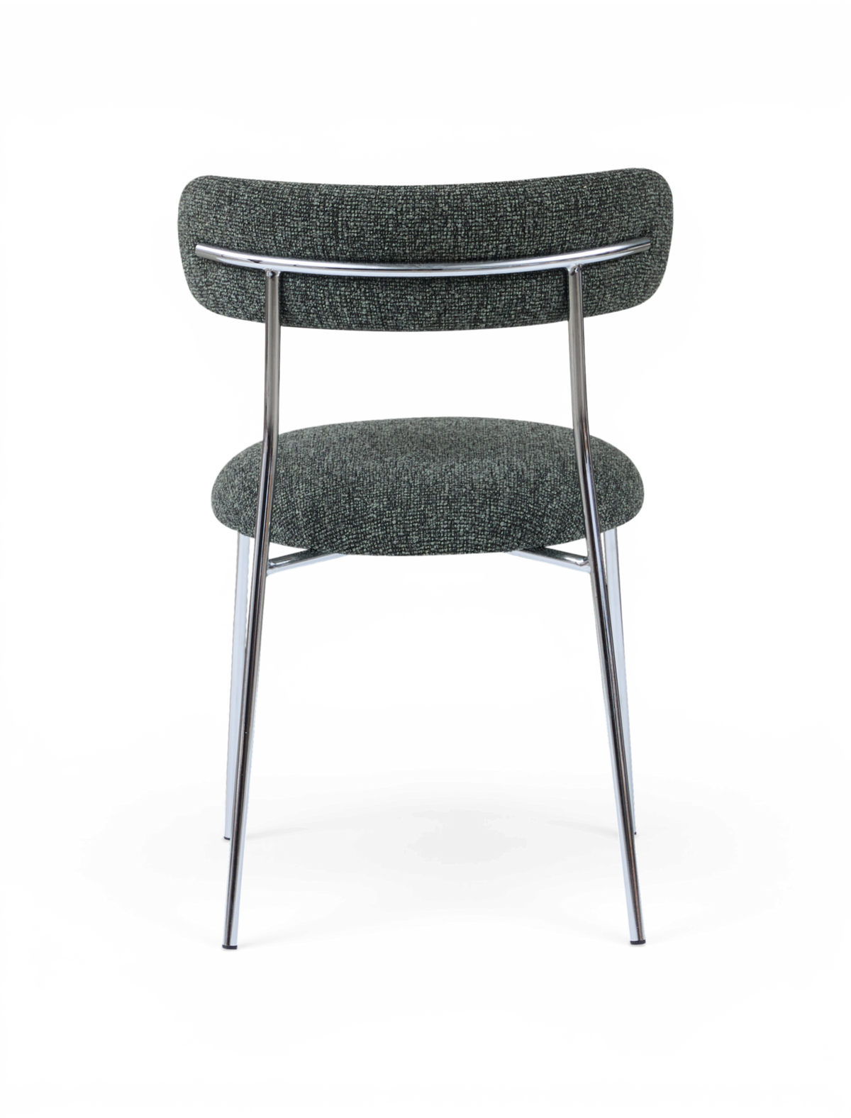 Moderne stol set bagfra med grå polstring og kromben på hvid baggrund.