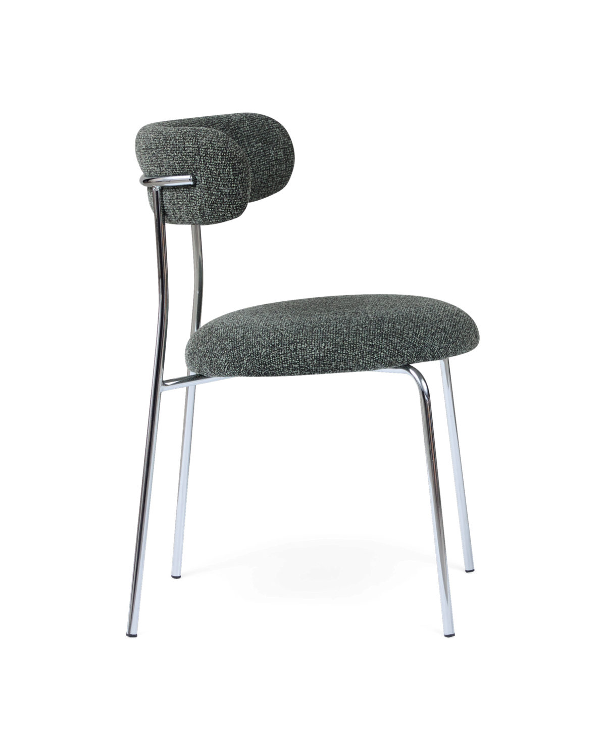 Moderne stol med kromben og gråmeleret, rund siddepude og cylindrisk ryglæn.