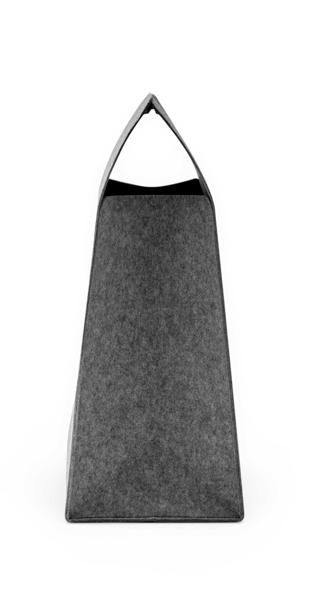 Grå filtpose/taske med trekantet håndtag, frilagt produkt på hvid baggrund.