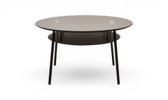 Rundt sofabord med blank grå bordplade, sort hylde og slanke sorte ben.