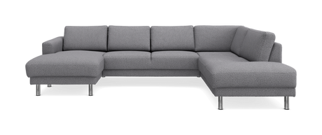 Grå L-formet modulsofa med metalben, frilagt produktbillede.