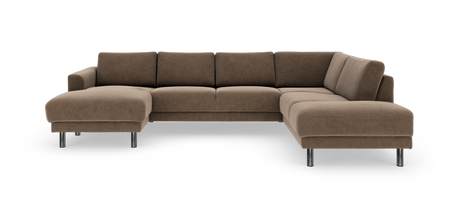Brun U-formet modulsofa med chaiselong til venstre og kromben, frilagt på hvid baggrund.