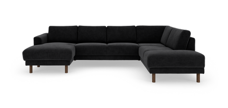 Stor sort U-formet hjørnesofa med chaiselong til venstre og åben afslutning til højre, på runde træben.