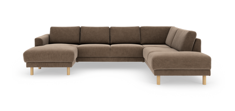 Brun L-formet hjørnesofa med riflet tekstil og træben, fritlagt på hvid baggrund.
