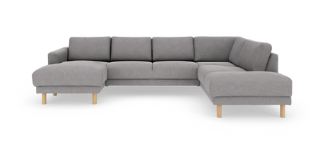 Grå modulær hjørnesofa med chaiselong i begge ender og lyse træben, frilagt på hvid baggrund.
