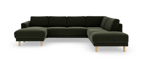 Mørkegrøn U-sofa med chaiselong i begge ender og runde træben.