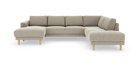 Beige U‑formet modulsofa med chaiselong til venstre og afsluttende divan til højre, runde træben.