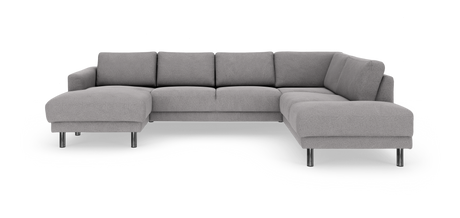 Grå L‑formet hjørnesofa med chaiselong og kromben, frilagt på hvid baggrund.