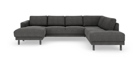 Mørkegrå hjørnesofa i U‑form med chaiselong i begge ender og kromfarvede metalben, frilagt på hvid baggrund.