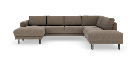 Brun L‑formet hjørnesofa i stof med venstrevendt chaiselong og kromben, fritlagt på hvid baggrund.
