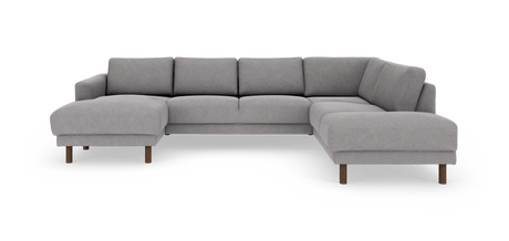 Grå modulær hjørnesofa med chaiselong til venstre og åbent afslut til højre, på træben.