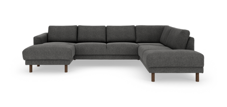 Mørkegrå U‑sofa i stof med chaiselong til venstre og divanmodul til højre, runde træben.