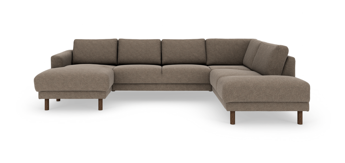 L‑formet modulsofa med venstre chaiselong og højre divan, polstret i brun/beige bouclé og med runde mørkebrune træben.