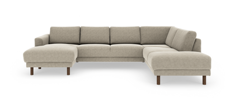 L‑formet beige modulsofa med chaiselong til venstre og runde træben, frilagt på hvid baggrund.