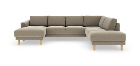 Beige U‑formet hjørnesofa i stof med lyse træben, frontvisning på hvid baggrund.
