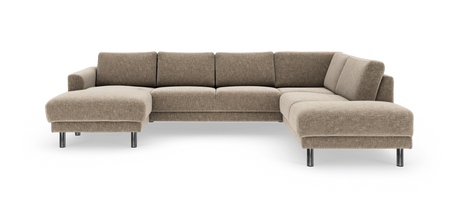 Beige L‑formet modulsofa med chaiselong til venstre, afslut på højre side og slanke metalben.