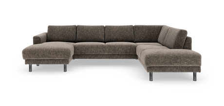 Modulær L-sofa i mørkegrå/brun tekstil med kromben, fritstående på hvid baggrund.