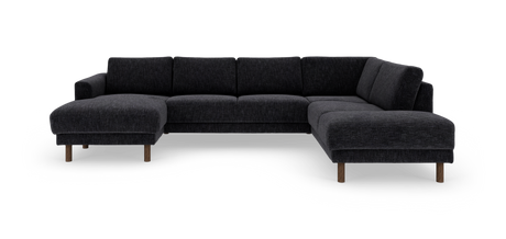 Mørkegrå U‑sofa med chaiselonger i begge sider og træben, frilagt på hvid baggrund.