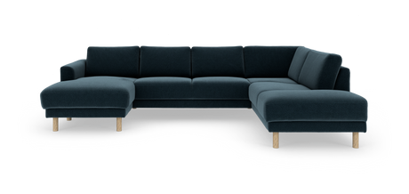 Mørk teal U-sofa i stof med træben, modulær hjørnesofa med chaiselong i begge ender, fritlagt på hvid baggrund.