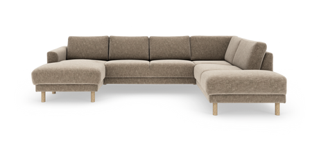 Beige modulsofa i U‑form med træben, frilagt på hvid baggrund.