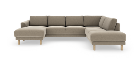 Beige L‑formet modulsofa med chaiselong i venstre side og lyse træben, frilagt på hvid baggrund.
