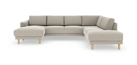 Beige U-formet modulsofa med chaiselonger i begge ender og runde træben på hvid baggrund.