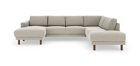 Beige modulopbygget U‑formet hjørnesofa med chaiselong i begge ender og runde træben, set direkte forfra.