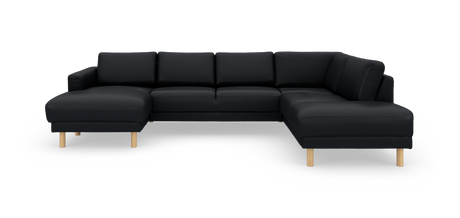Stor U‑formet modulsofa i sort polstring med lyse, cylindriske træben, set forfra i studie.