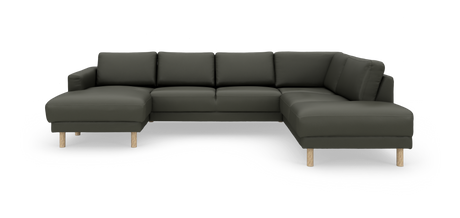Mørkegrøn U‑sofa med chaiselong til venstre og åben ende til højre, runde træben.